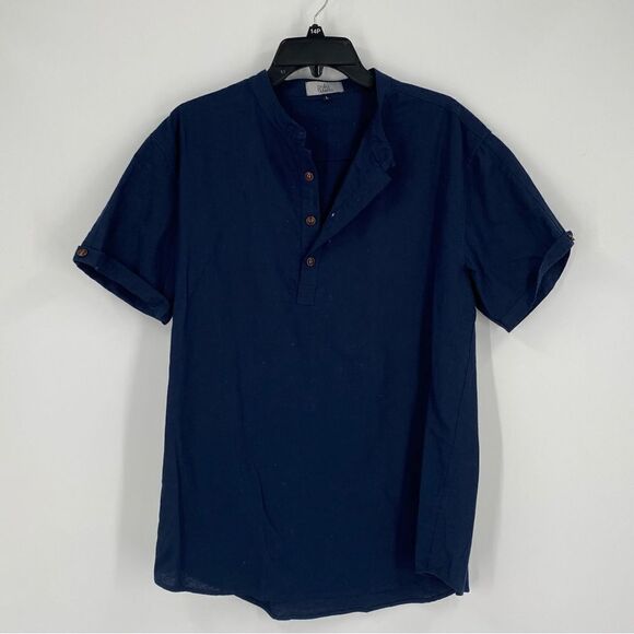 Polo Mano Men’s Bishop Neck Short Sleeve Blue Shirt size L - Picture 1 of 3